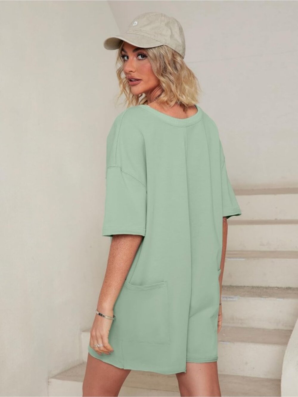 Womens Bean Green Summer Casual Onesie Backless Loose Short Oversized Tee Romper - Picture 3 of 6